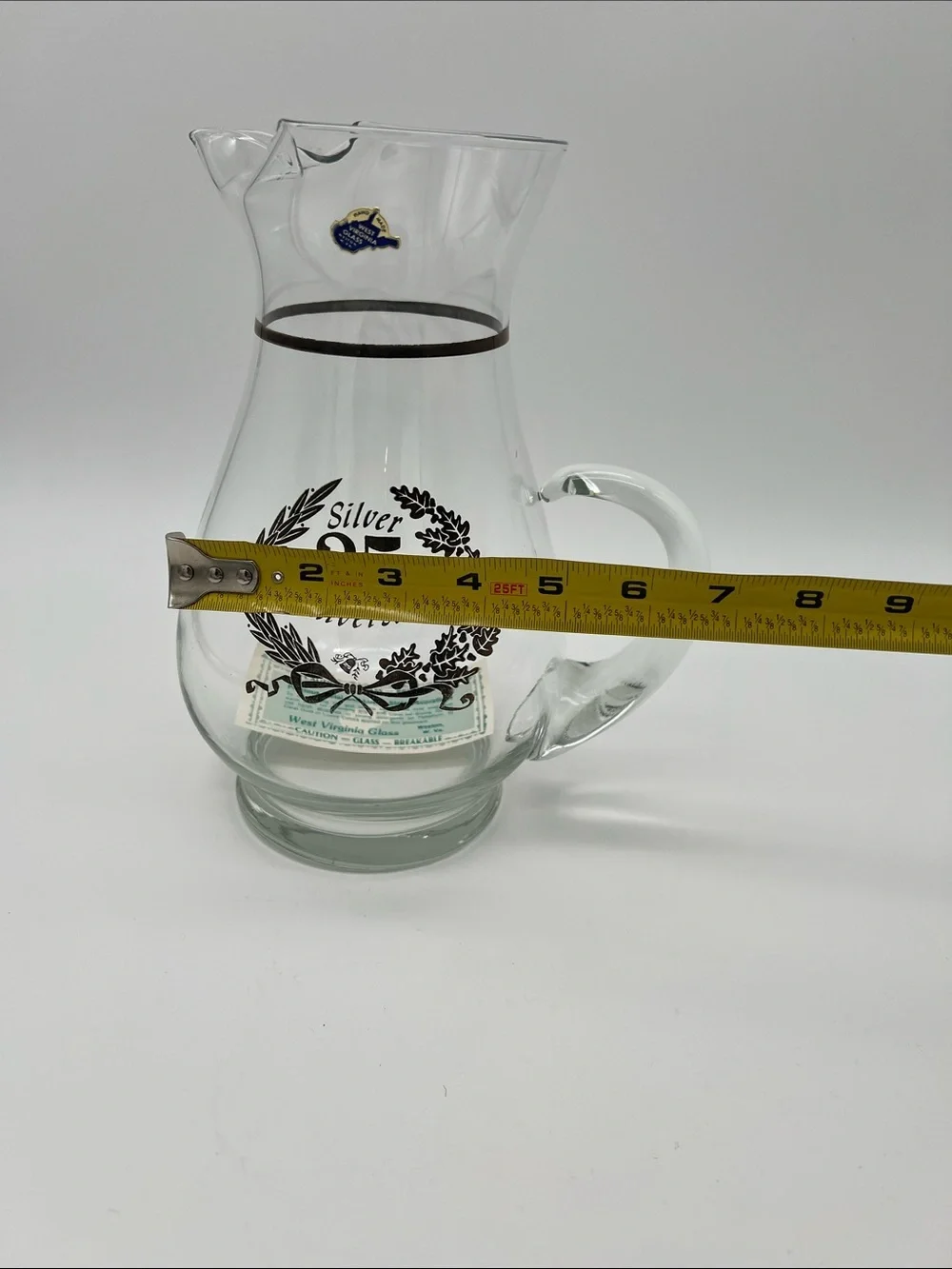 Vintage West Virginia Glass Co. 25th Silver Anniversary Hand-blown Glass Pitcher